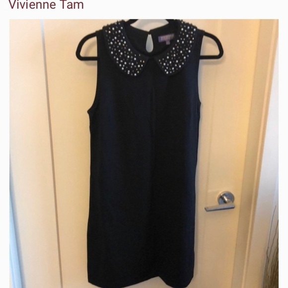 Vivienne Tam, Simple Elegance,Black Dress w/Beaded Mary Jane Collar, Size Large - Picture 11 of 14